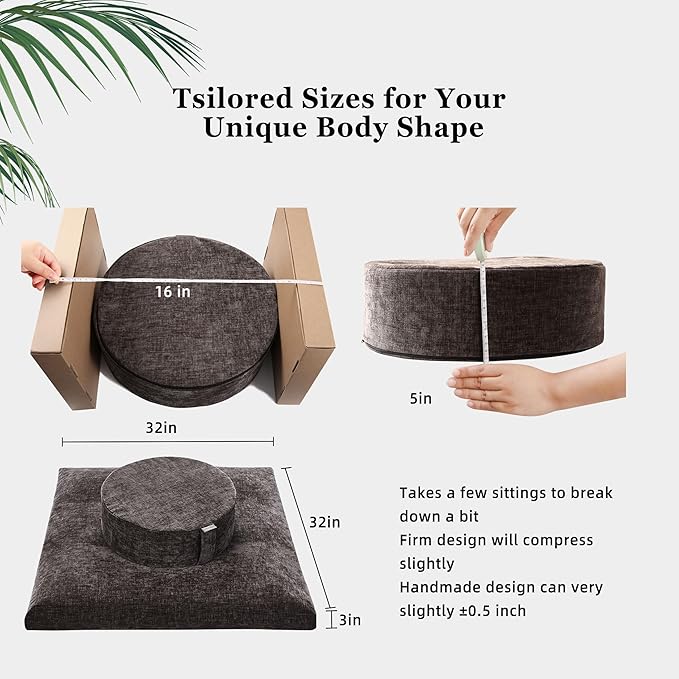 Meditation Zafu Cushion Set with Buckwheat Hulls & Memory Foam - Ergonomic Support for Yoga & Sitting - Removable Machine-Washable Luxury Velvet Cover - for Adults and Kids (Cl03-Brown)