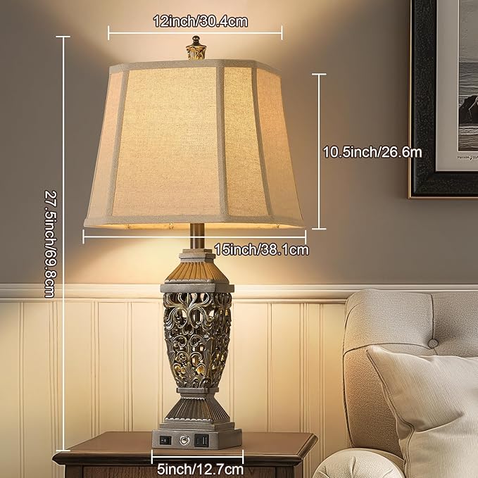 AIDENOEY 27.5“ Farmhouses Table Lamp with USB & USB-C Charging Ports, 3-Color Dimmable & Stepless Bottom Dimming, Touch Control & Switch, Vintage Bedside Lamp for Bedroom Living Room Office,(Brown) - Bloomnest