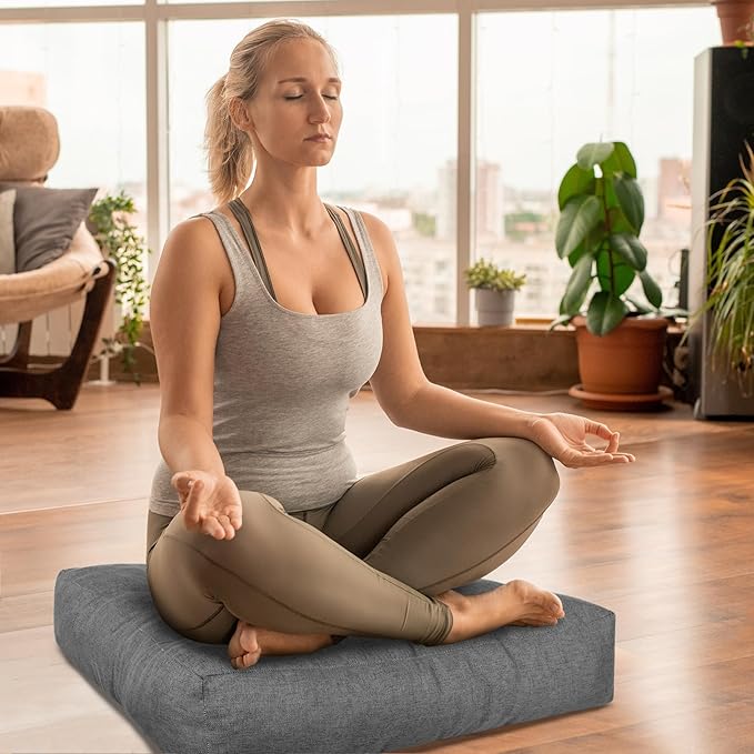 Dark Grey Square Floor Pillow Meditation Cushions, Large Floor Sitting 22"x22"x4.6", Tufted Cushions for Yoga Living Room Tatami Home Decor 2 Pack - Bloomnest