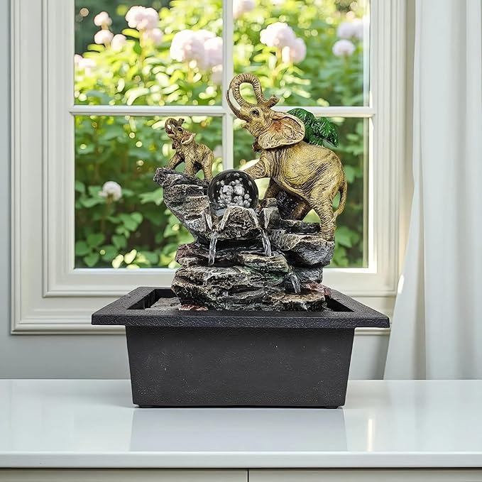 Decorative Elephant Cascade Tabletop Fountain with LED Globe, 3-Tier Design, A Quiet and Soothing Indoor Desktop Fountain - Bloomnest