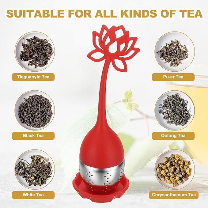 uxcell 2 Pcs Lotus Tea Infuser, Stainless Steel Loose Leaf Tea Steeper Filter with Silicone Handle Reusable Coarse Pores Mesh Strainer Diffuser for Teacups Teapots Mugs, Red - Bloomnest
