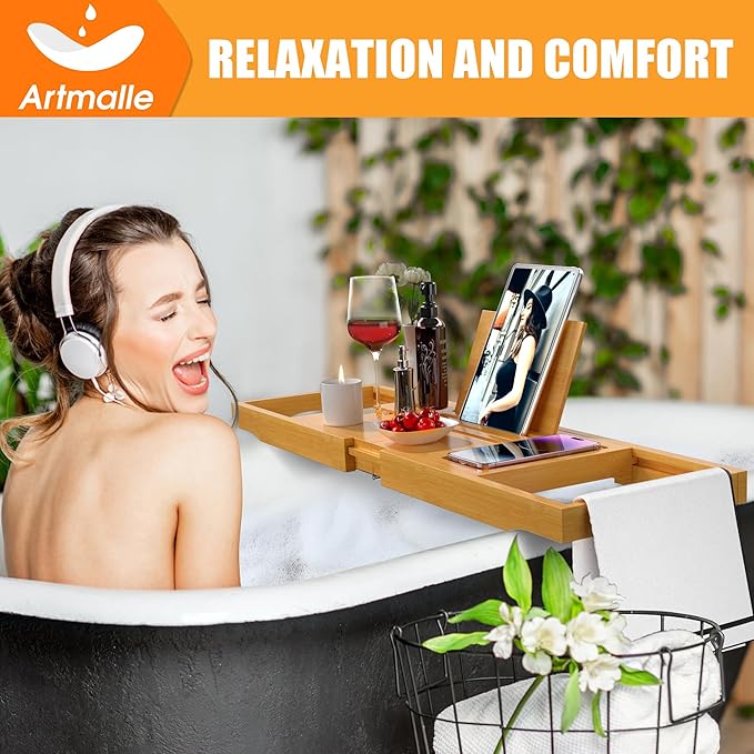 Artmalle Bathtub Caddy Tray for Tub, Expandable Bamboo Bath Table Tray with Book Stand for Home Spa Relaxing, Foldable Minimalist Bathroom Accessories for Women Men (Simple, Natural) (Natural) - Bloomnest