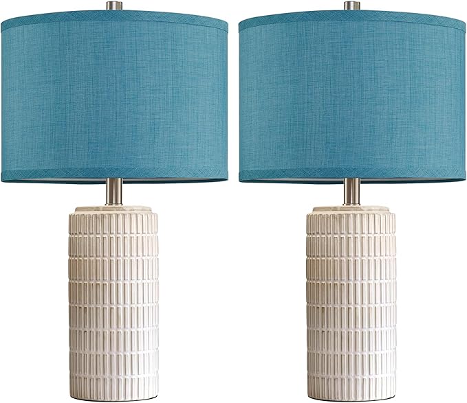 23" Modern Ceramic Nightstand Table Lamps Set of 2, Nautical Lamps for Bedroom Bedside, Side Table Lamps for Living Room, Dining Room, Office, 2 LED Bulbs Included (Blue) - Bloomnest