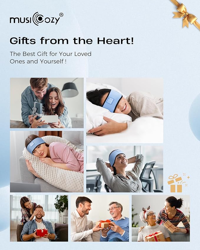 MUSICOZY Sleep Headphones Soft Bamboo Cotton Headband Headphones for Sleeping, Sleep Headphone Wireless Bluetooth 5.4 with Ultra-Thin HD Stereo Speaker for Unique Gifts(Light Blue) - Bloomnest