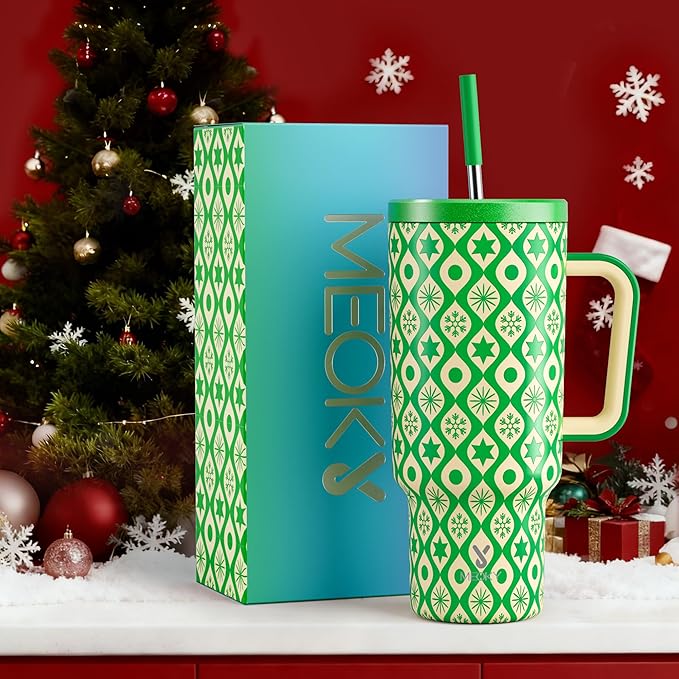 Meoky 40 oz Christmas Tumbler with Handle and Straw, Xmas Tumbler with Lid and Straw, Insulated Stainless Steel Travel Mug, Christmas Gifts for Women Men Adults (Emerald Cheer) - Bloomnest