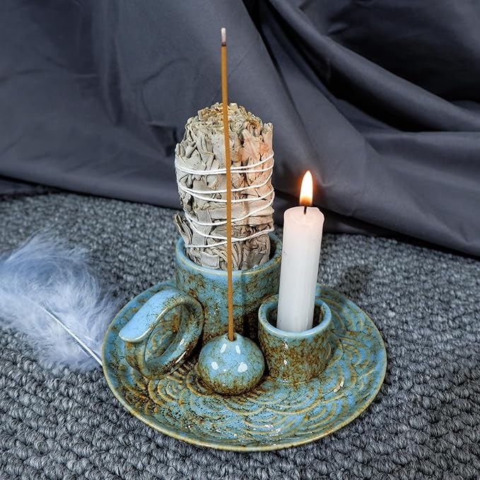 5-in-1 Ceramic Palo Santo Burner Holder Blue -Small Candle Holder & Smudge Burning Tray Bowl,Fits Incense Sticks/Cones, Sage.Zen Altar for Meditation Room, Aromatic Scents, Matches Compatible - Bloomnest