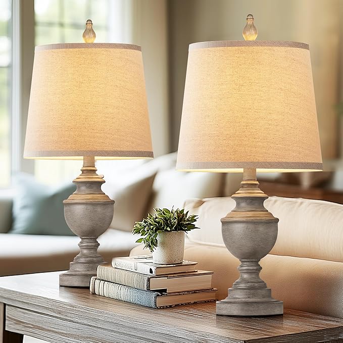 PARTPHONER Retro Table Lamps Set of 2, Bedside Lamp for Bedroom Rustic Farmhouse Table Lamps for Living Room, 22" Vintage Nightstand Lamps with White Shades, Antique Grey - Bloomnest