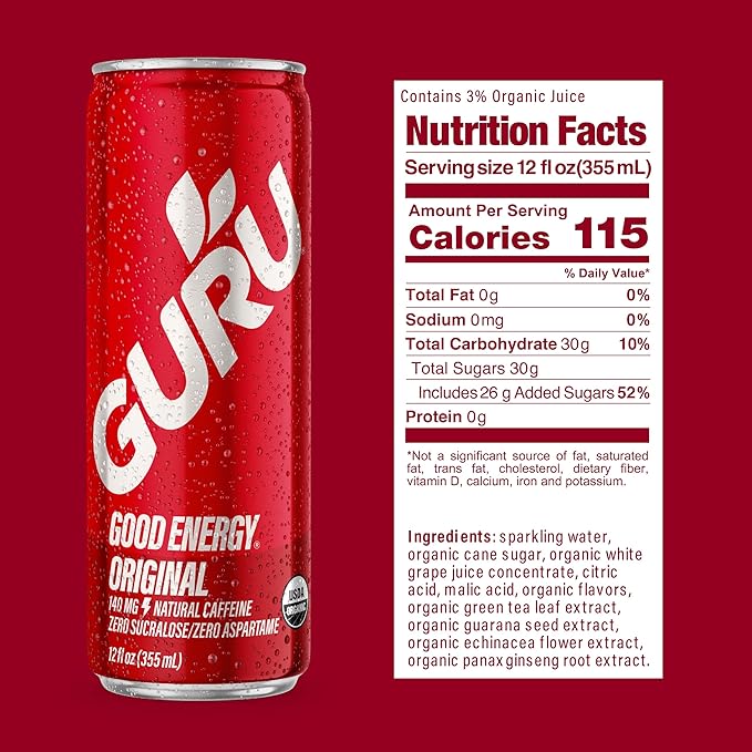 GURU Original Organic Energy Drinks, Clean Energy Drink with Plant Based Natural Caffeine from Green Tea, Gluten Free and Vegan, 140MG Caffeine, Healthy Drinks, 12oz (Pack of 12) - Bloomnest