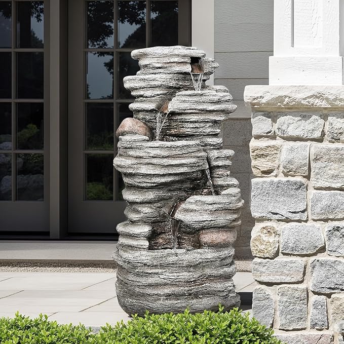 40" Outdoor Water Fountain with LED Lights - 5-Tier Cascading Rock Waterfall Fountain, Natural Rock Look, Ideal for Garden, Landscaping, Patio, Balconies and Yard Decor - Bloomnest