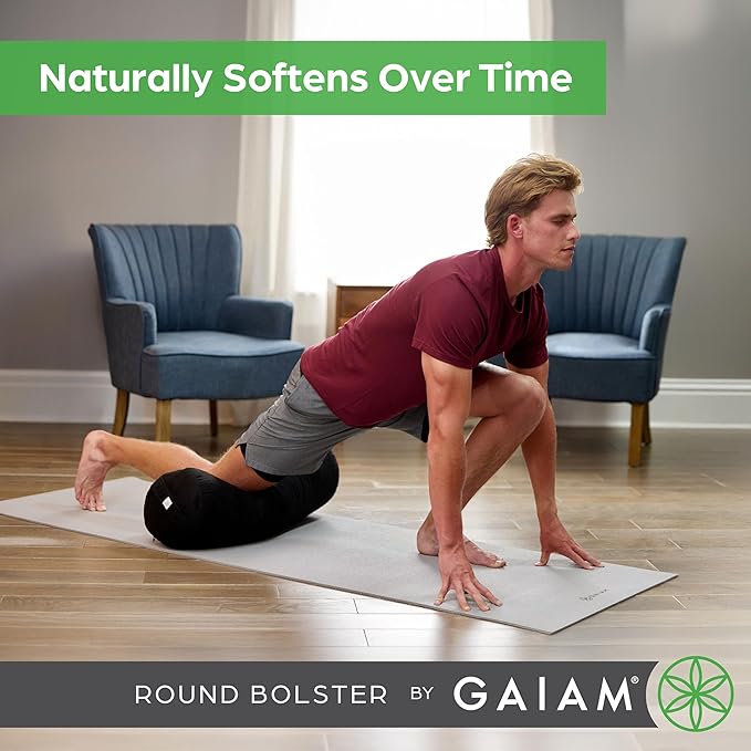 Gaiam Round Yoga Bolster Pillow, Soft Meditation Cushion for Yoga, Massage and Back Support, Breathable Cotton Fill, Zippered Microfiber Cover, Easy-Carry Handle, Machine Washable - Bloomnest