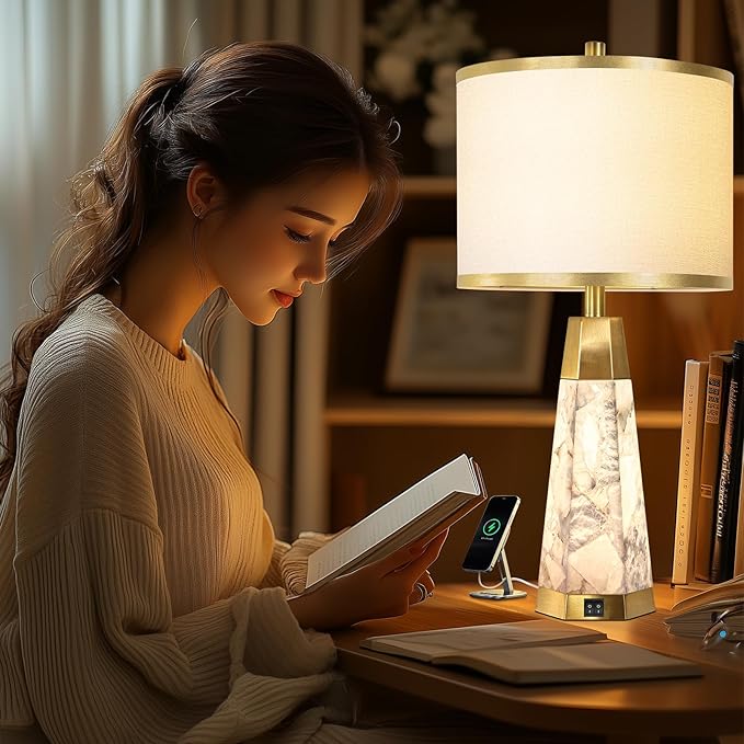 27" Natural Alabaster Table Lamps Set of 2 - Lamps for Living Room with Night Light, Bedside lamps with White Linen Shade, Nightstand Table Lamp with USB A+C Port for Bedroom Office (bulb included) - Bloomnest