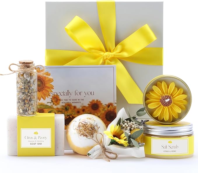 Birthday Gifts for Women – Yellow Sunshine Spa Gift Box, Luxury Bath & Self Care Care Package with Citrus & Amber Scent for Mom, Sister or Friend