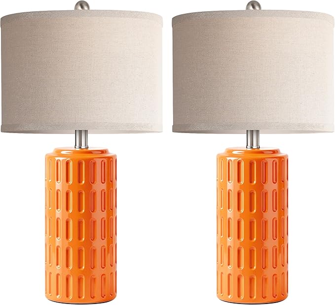 PARTPHONER 23" Farmhouse Modern Ceramic Table Lamp Set of 2 - Orange Bedside Lamps for Bedroom & Living Room, Nightstand, Desk, End Table - Bloomnest