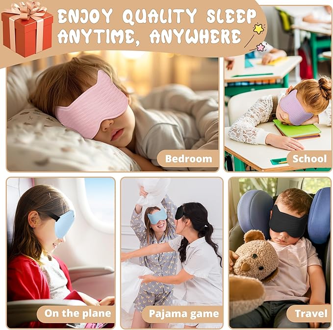 Kids Sleep Mask Eye Mask: 3D Contoured Cup Sleeping Masks, Blindfold with Adjustable Strap, Kids Eye Cover for Boys, Girls, Teens, Pressure-Free with Memory Foam Face Mask for Sleeping (Black) - Bloomnest