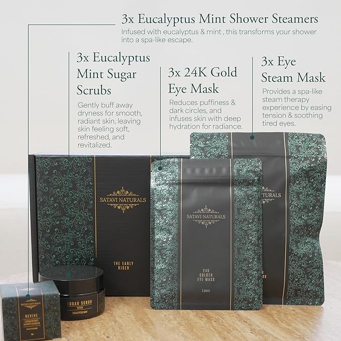 Spa Gift Set for Women – Eucalyptus Mint Aromatherapy Shower Steamers, Sugar Scrub, 24K Gold Eye Masks & Steam Eye Mask | Self Care & Relaxation Gift Box for Stress Relief at Home