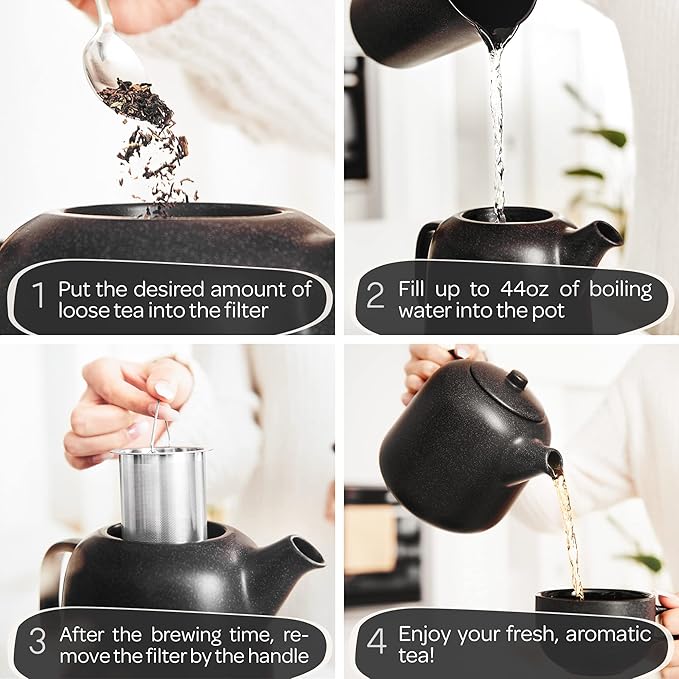 Steinzeit Design Tea Pot with Warmer (44 oz) - Premium Ceramic Teapot with Infuser for Loose Tea - Black Teapot Ceramic with Removable Steamer - Bloomnest