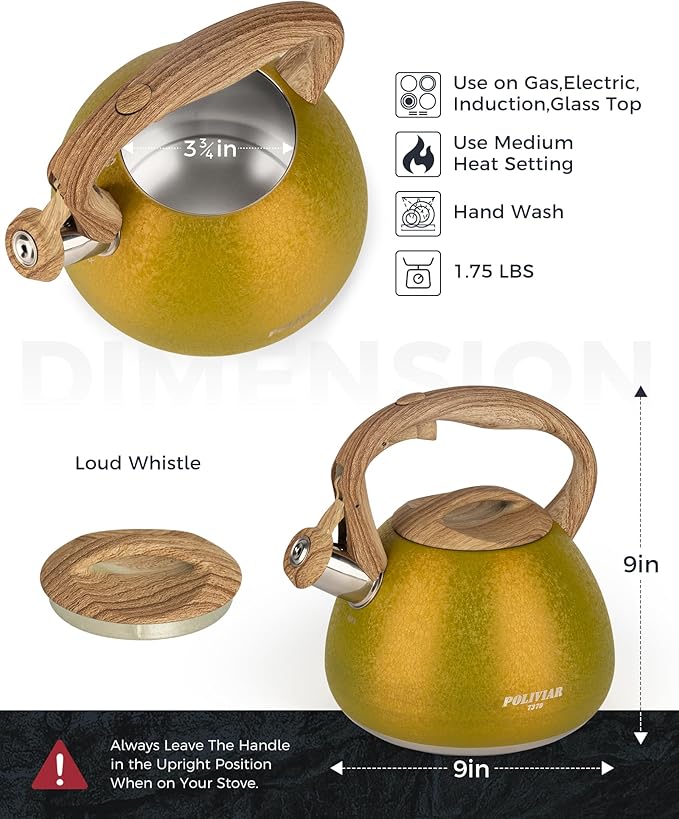 POLIVIAR Tea Kettle, 2.7 Quart Stovetop Tea Kettle, Audible Whistling Teapot with Crackle Finish, Food Grade Stainless Steel for Anti-Rust, Anti Hot Handle, Suitable for All Heat Sources (JX2023-LRY) - Bloomnest