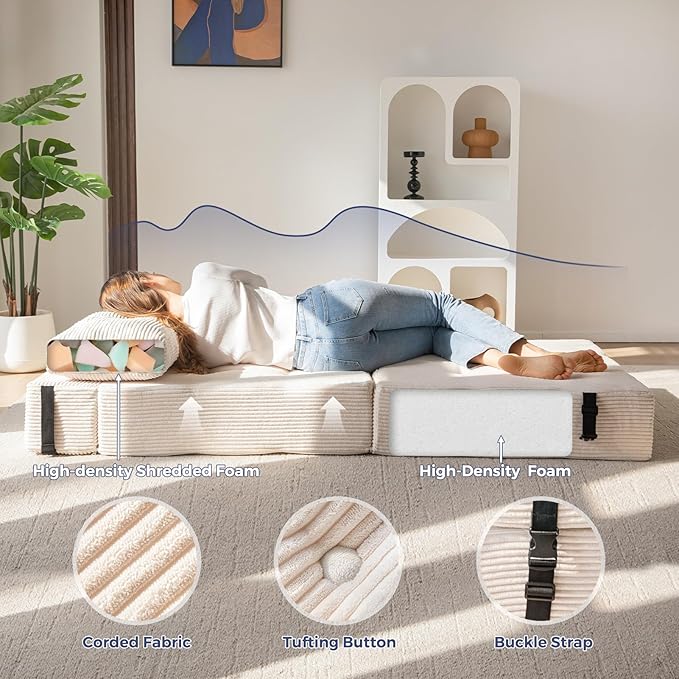 MAXYOYO Folding Sofa Bed, Convertible Sofa Bed with High-Density Support Foam, Portable 4 in 1 Fold Out Chair to Floor Lounger, Versatile Floor Couch for Living Room Bedroom, Beige - Bloomnest