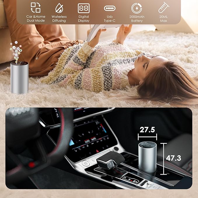 Essential Oil Diffuser with 3 Spray Modes, Battery Operated, LED Timing Display, Aromatherapy Diffuser, 1/4/8-Hour Timer, 10ml Oil Bottle, and 3 Mist Settings for Home, Car (New Silver) - Bloomnest