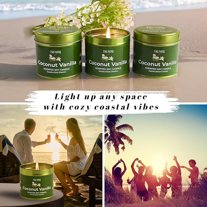 Coconut Vanilla - Aromatherapy Candles for Home Scented - Pack of 3-5oz Natural Soy Wax Clean Organic Non Toxic - Long Lasting Highly Scented with Essential Oils - Gifts for Women Relaxing Spa TRUMIRI