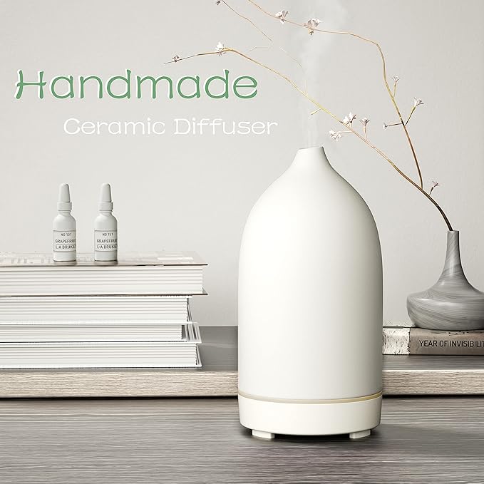 Essential Oil Diffusers,Handmade Ceramic Aromatherapy Diffuser for Room and 9 Colors Night Light for Home,Auto-Off (White) - Bloomnest