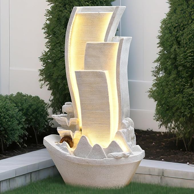 50.39 Inches Outdoor Water Fountain Garden Waterfall Indoor Modern Water Feature Freestanding Fountains with LED Lights and Pump for Patio Yard Pool Home Decor - Bloomnest