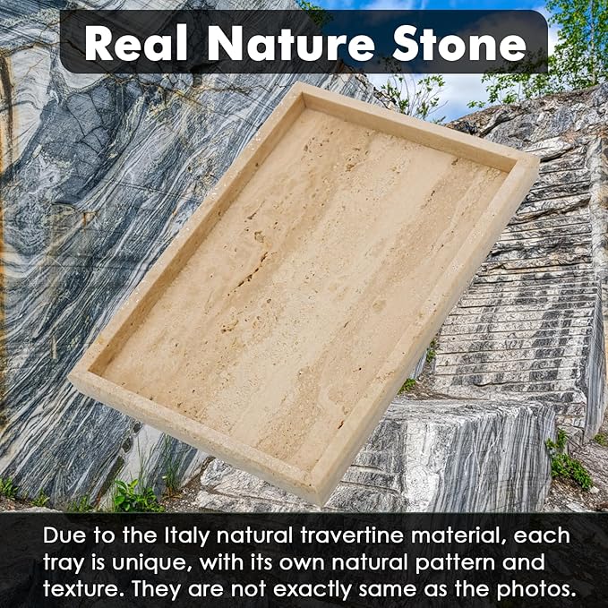 Real Natural Travertine Tray for Bathroom, Vanity, Kitchen and Desktop, Rectangle Genuine Travertine Stone Tray for Jewelry, Cosmetics, Candles, Lotion, Perfume and Home Decor