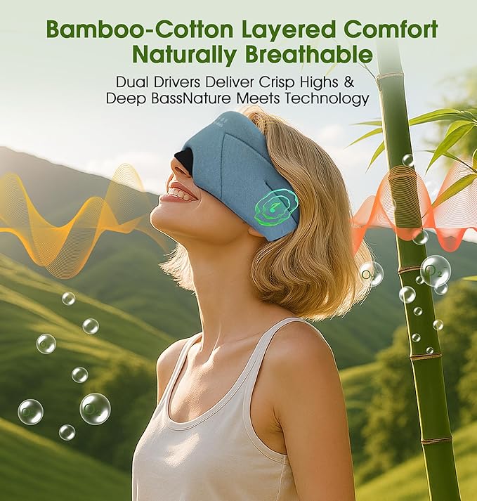 Sleep Mask with Headphones Bluetooth 5.4, LC-dolida Wireless Music Eye Mask for Sleeping Headphones with Soft Bamboo Cotton Cooling Breathable,Ultra-Thin Stereo Speaker for Side Sleepers - Bloomnest