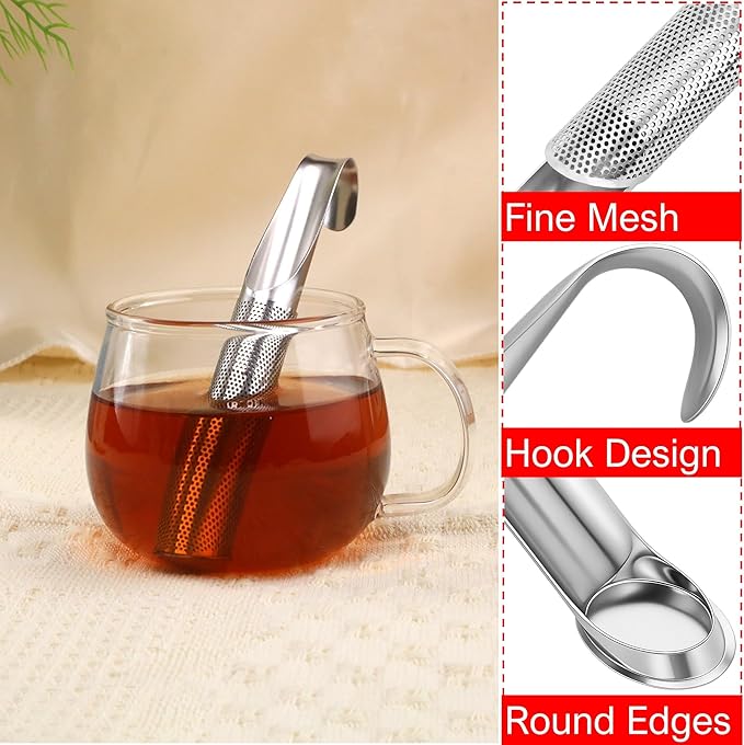 304 Food-grade Stainless Steel Tea Infusers for Loose Leaf Tea and Herbs - Reusable Fine Mesh Metal Long-Handled Tea Strainers with Hanging Hook, Brush and Drip Tray for Single Cup Brewing
