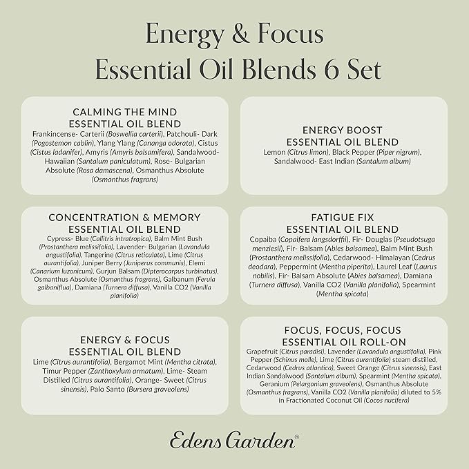 Edens Garden Energy & Focus Essential Oils 6 Set – 100% Pure Therapeutic Grade, Undiluted Blends For Clarity, Motivation & Mental Boost – No Fragrance Oil, Perfect For Diffuser & Office, 10 ml/ 6 Pack - Bloomnest