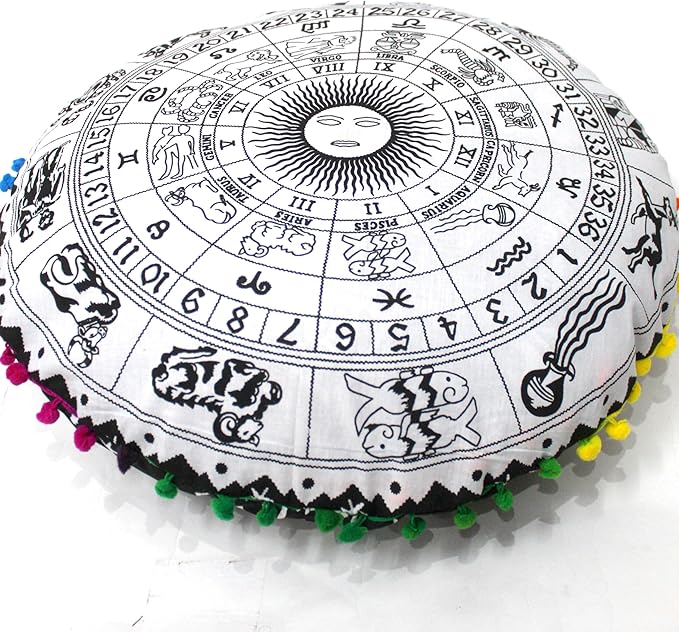 CRAFT KALA 22" Bohemian Floor Pillow Pouf Cover Mandala Boho Large Round Meditation Room Pillow Covers for Adults Seating Poufs Cushion Cover for Kids Playroom Black Zodiac - Bloomnest