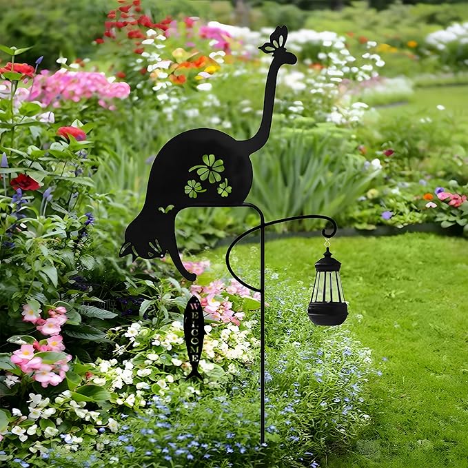 Solar-Powered Black Cat&Fish Garden Decor Stakes - Metal Silhouette Figurine for Outdoor Yard, Lawn, and Patio Decoration(Cat&Fish) - Bloomnest