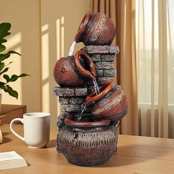 Indoor Desktop Fountain with Led Light - Layered Rock Waterfall Fountain, 13.77 x 5.9 x 5.9 inches, Silent Tabletop Water Feature Decor for Relaxation - Bloomnest