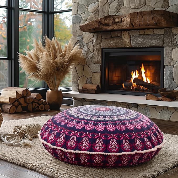 Codi Meditation Floor Pillow Set of 2, Round Large Pillows Seating for Adults, Bohemian Mandala Circle Cushion for Outdoor Fireplace Yoga Living Room, 32 Inch, Memory Foam Added, Purple Orchid New - Bloomnest