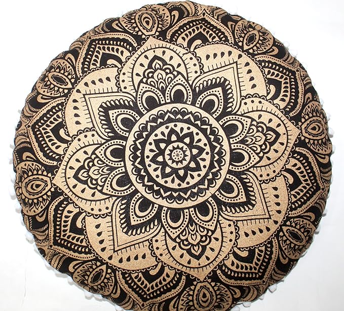 CRAFT KALA 22" Bohemian Floor Pillow Pouf Cover Mandala Boho Large Round Meditation Room Pillow Covers for Adults Seating Poufs Cushion Cover for Kids Playroom Black Gold Flower - Bloomnest