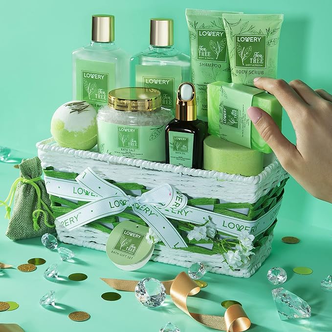 Tea Tree Bath Set - Luxury Home Spa Set with Calming Mint Fragrance – 15 pc Relaxation Gift Basket with Tea Tree Bath Oil,Shower Gel, Bubble Bath, Handmade Soap, Steamer Tablet, Potpourri & More - Bloomnest