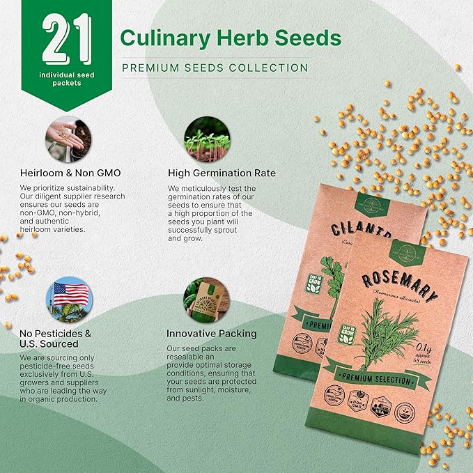 21 Culinary Herb Seeds Variety Pack - Heirloom, Non-GMO, Herb Seeds for Planting Outdoor and Indoor - Home Gardening. Over 11,400+ Seeds Including Rosemary, Thyme, Oregano, Mint, Basil, Parsley & More - Bloomnest