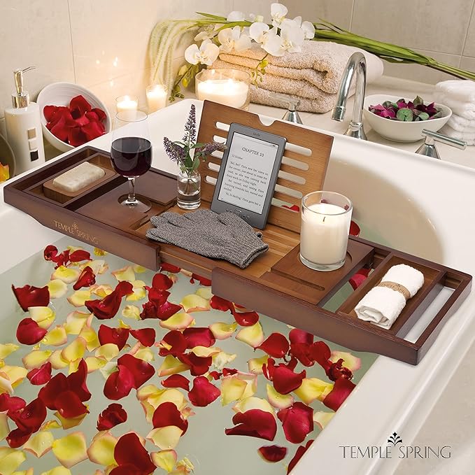 Temple Spring Wooden Bathtub Tray, Bamboo Bathroom Accessories, Bath Tray for Tub, at Home Spa Essentials, Board for Tub Table, Bath Caddy for Bathtub Accessories & Bathroom Essentials – Wood Brown - Bloomnest