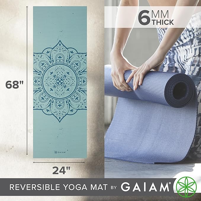Gaiam Yoga Mat - Premium 6mm Print Reversible Extra Thick Non Slip Exercise & Fitness Mat for All Types of Yoga, Pilates & Floor Workouts (68" x 24" x 6mm Thick) - Bloomnest