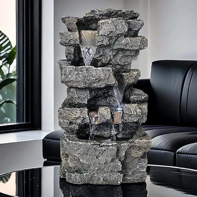 Tabletop Rock Waterfall Fountain with Led Lights - Indoor Decorative Desk Water Fountain, Multi-Tier Design, Quiet and Soothing, 6.29" l x 4.33" w x 11.02" h - Bloomnest