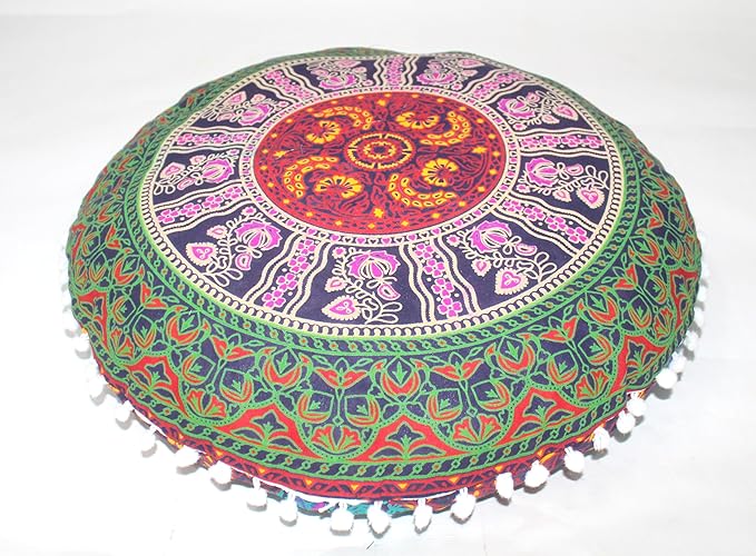 CRAFT KALA Large Round Bohemian Floor Pillow Pouf Cover Mandala Meditation Room Pillow Cover for Adults Boho Seating Poufs Cushion Cover for Kids Playroom Multi 6 Color 32" Round - Bloomnest
