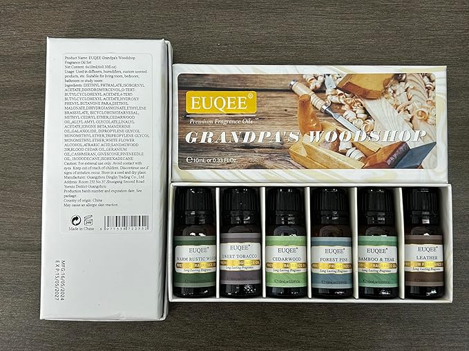 EUQEE Fragrance Oils Gift Set Premium Woody Scented Oil - Forest Pine, Warm Rustic Woods, Bamboo & Teak, Cedarwood, Leather, Sweet Tobacc(Honeyed Haze), for Diffuser, Soap Making, Candle - 6x10ml EUQEE