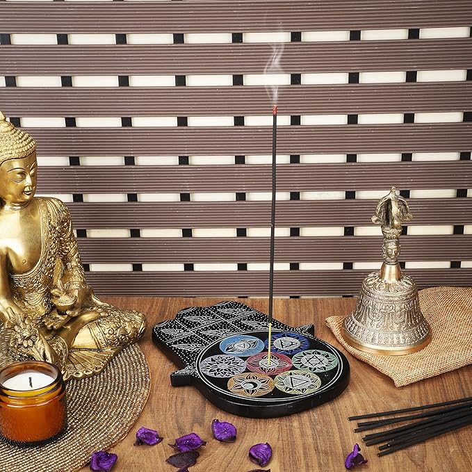 Ajuny Hamsa Hand Incense Holder for Sticks Soapstone Stick Burner and Ash Catcher Hand-Carved Spiritual Decor Meditation Yoga Desk Accessories Home & Office Decor Gift (7.5x6 Inches)