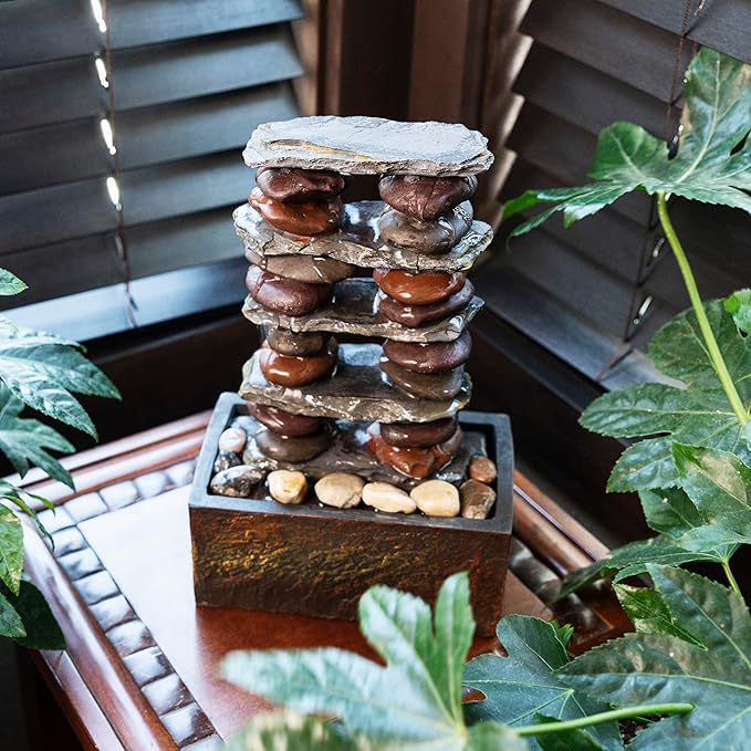 Alpine Corporation TT8002 Indoor/Outdoor Tabletop Stacked Rocks Eternity Fountain, Modern Rocks Tabletop Fountain 12", Brown - Bloomnest
