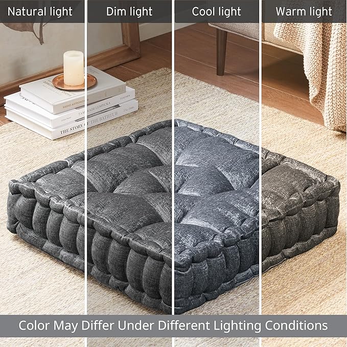 Intelligent Design Azza Floor Pillow, Large Cushions Sitting for Adults, Floor Pillow for Meditation or Yoga, Lustrous Chenille Tufted with Scalloped Edges for Bench/Chair Cushion, 20"x20"x5" Charcoal - Bloomnest