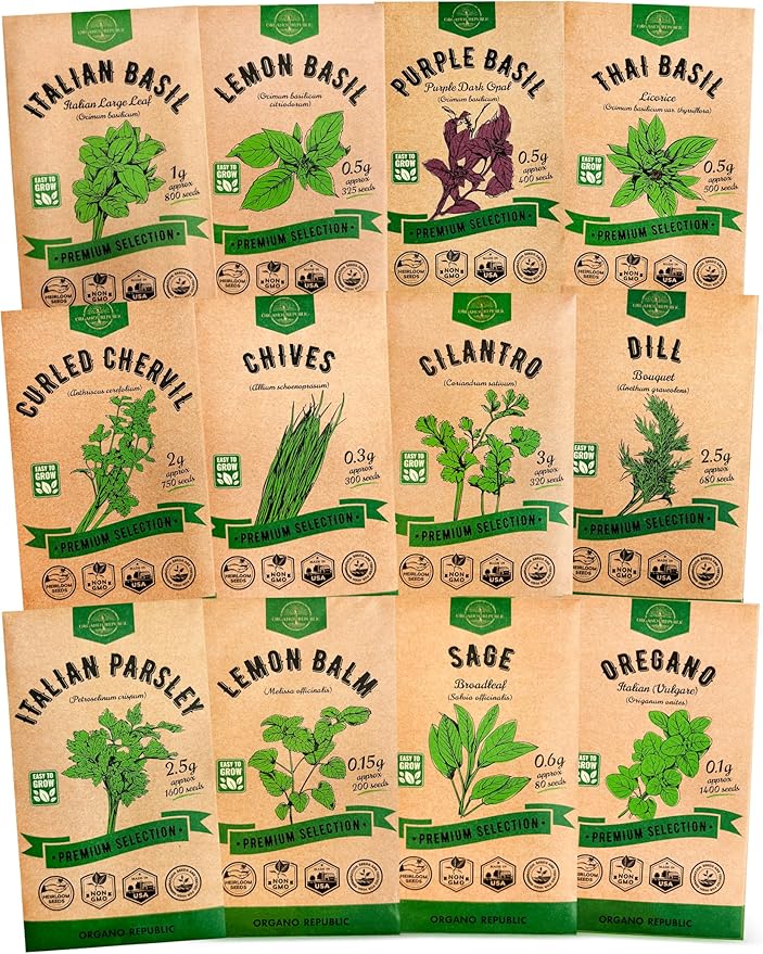 Organo Republic 12 Culinary Herbs Seeds Variety Pack - 7,355+ Heirloom, Non-GMO, Herbs Seeds for Outdoor and Indoor Home Gardening, Including Basil, Cilantro, Chives, Dill, Parsley, Sage - Bloomnest