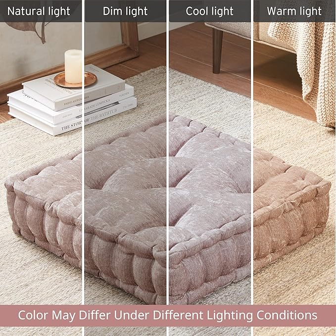 Intelligent Design Azza Floor Pillow, Large Cushions Sitting for Adults, Floor Pillow for Meditation or Yoga, Lustrous Chenille Tufted with Scalloped Edges for Bench/Chair Cushion, 20"x20"x5" Blush - Bloomnest