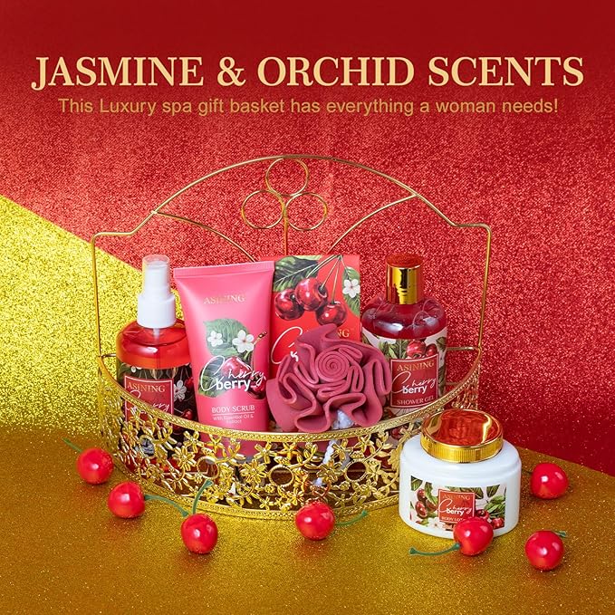 Bath & Body Basket Set, Cherry Fruit Scent Spa Gift Basket with Shower Gel, Lotions for Women Gift Set, Spa Kits for Christmas Valentine's Birthday Gift All Occasion Holiday Gift Idea Luxury Bath Set - Bloomnest