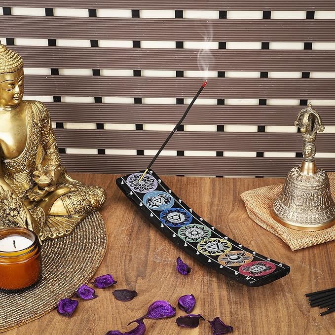 Ajuny Soapstone Incense Holder for Sticks Incense Cone Burner with Ash Catcher 7 Chakra Tray Strip Heat Resistant Yoga Meditation Spiritual Home Office Spa Hotel Fragrance Gift (Black,10 x 2 Inch) - Bloomnest