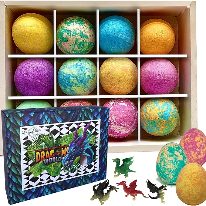 Bath Bombs for Kids with Surprise Inside - 12 Organic Bubble Bath Fizzies with Dragon Egg Toys. Gentle & Kids Friendly w/Rich Bubbles & Rainbow Colors, Stocking Stuffer Christmas Gifts for Boy, Girls - Bloomnest